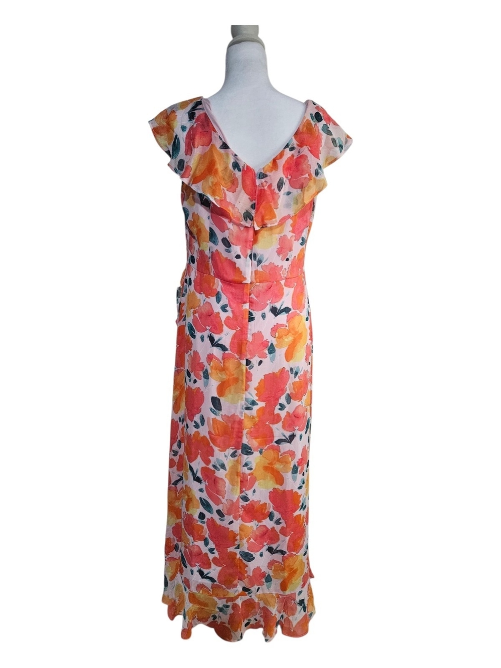 London Times Floral Ruffle Wrap High-Low Dress in Pink and Orange Size 12 Petite - Picture 4 of 8
